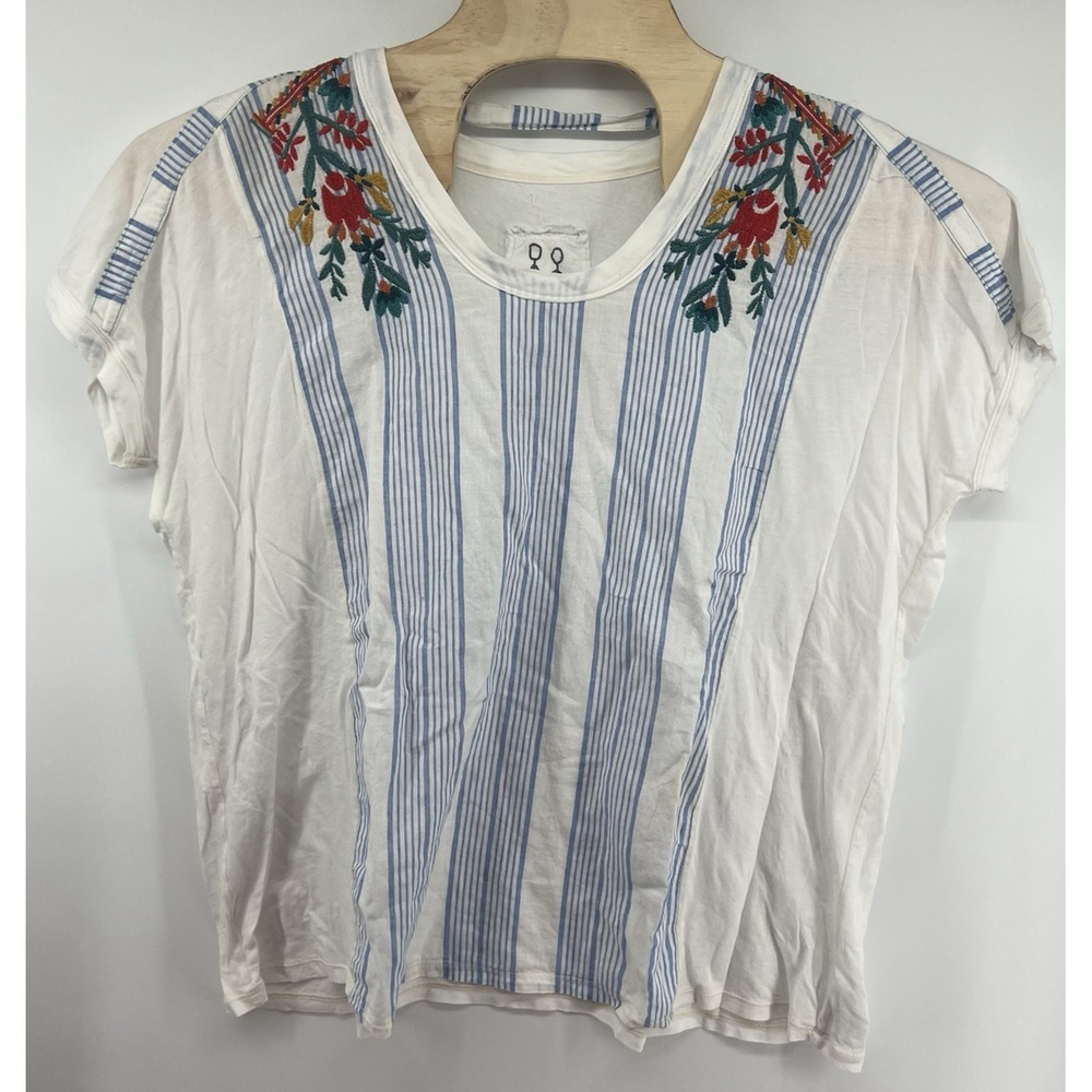 Johnny Was Womens Small Boho Blouse Blue Striped Floral Oversized Linen Blend